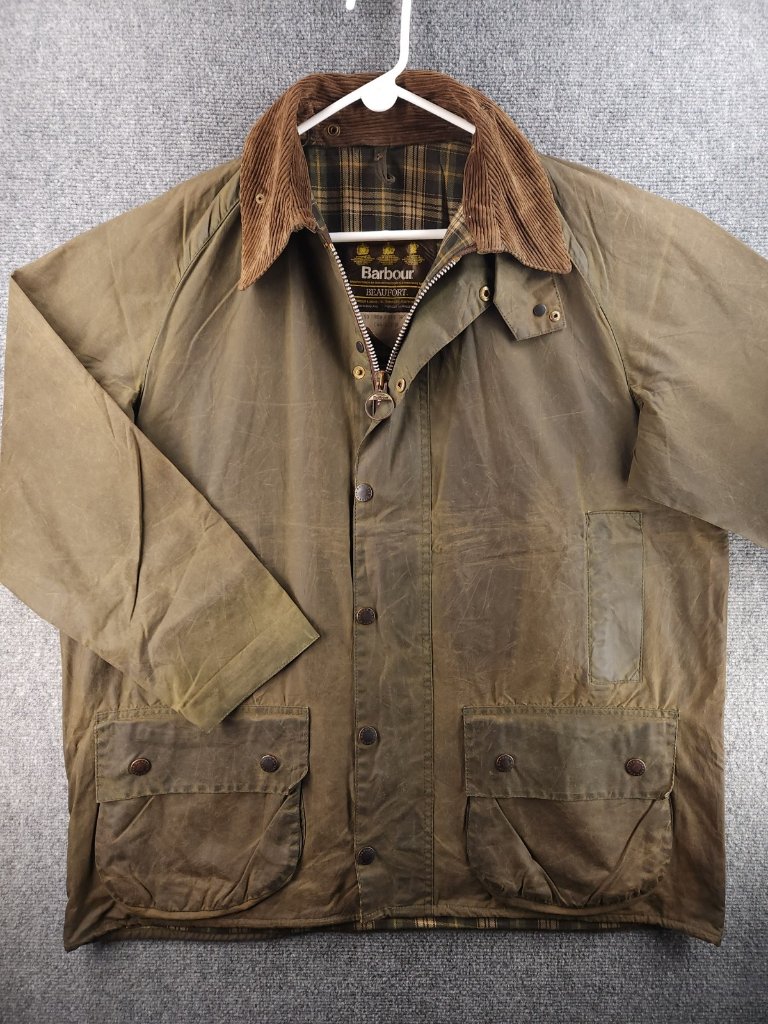 Barbour A150 Beaufort Wax Jacket Men Green Size 44 Zip Snap Pockets Lined Canvas